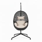 Classic Rattan Hanging Egg Chair with Stand – Black Rattan & Beige Cushion