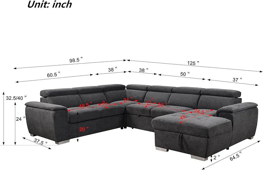 Rio Sectional Sofa Bed with Storage - Dark Grey Fabric