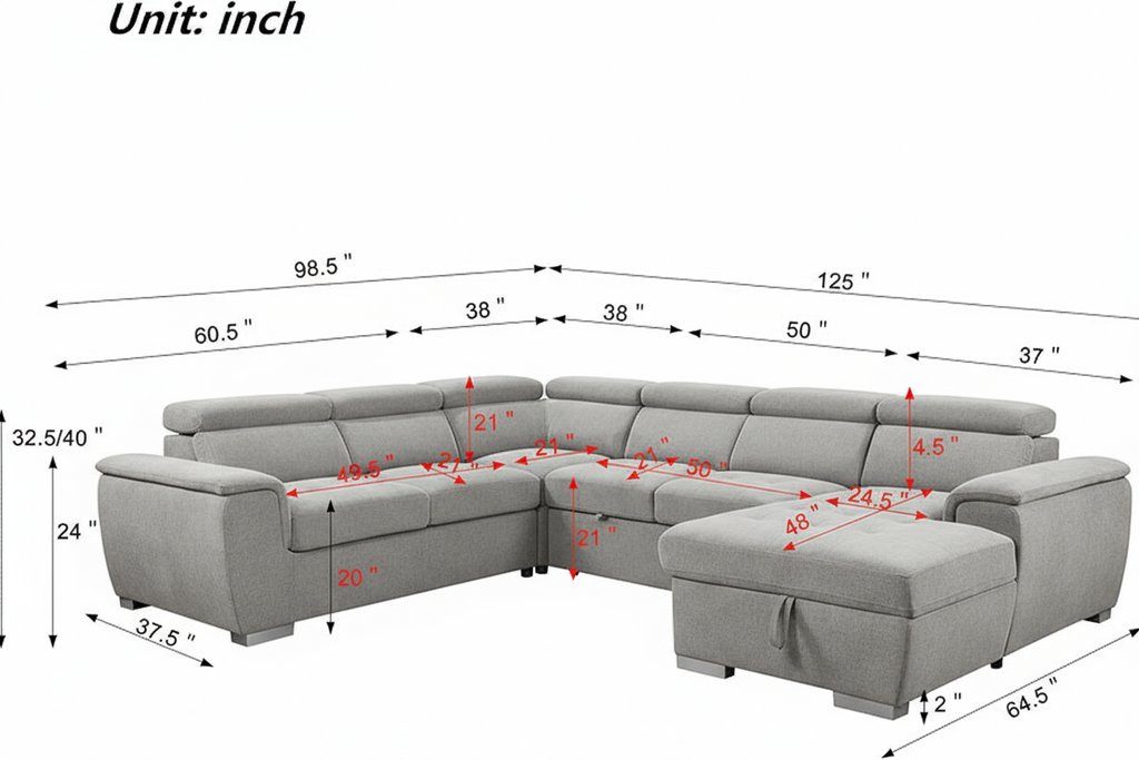 Rio Sectional Sofa Bed with Storage - Light Grey Fabric