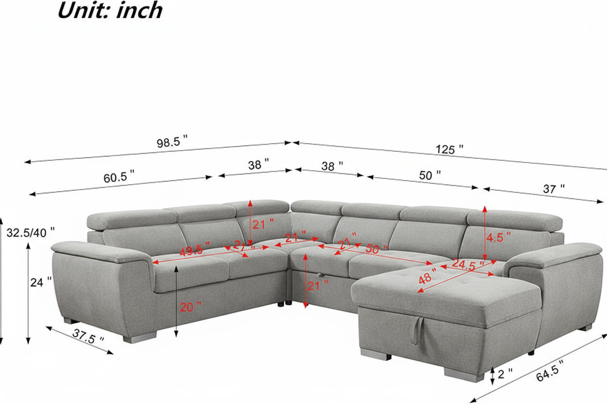Rio Sectional Sofa Bed with Storage - Light Grey Fabric