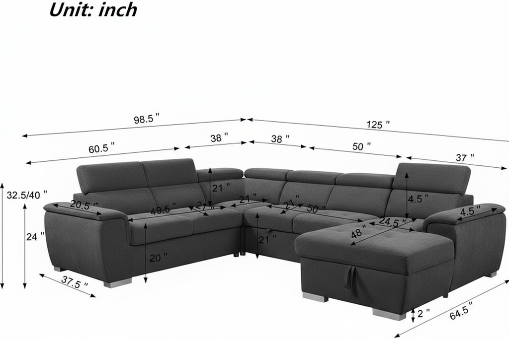Rio Sectional Sofa Bed with Storage - Vegan Seude Grey