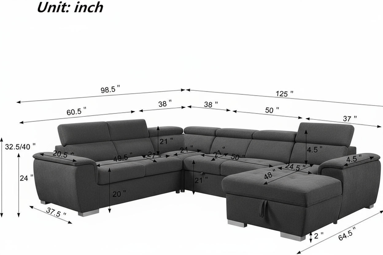 Rio Sectional Sofa Bed with Storage - Vegan Seude Grey
