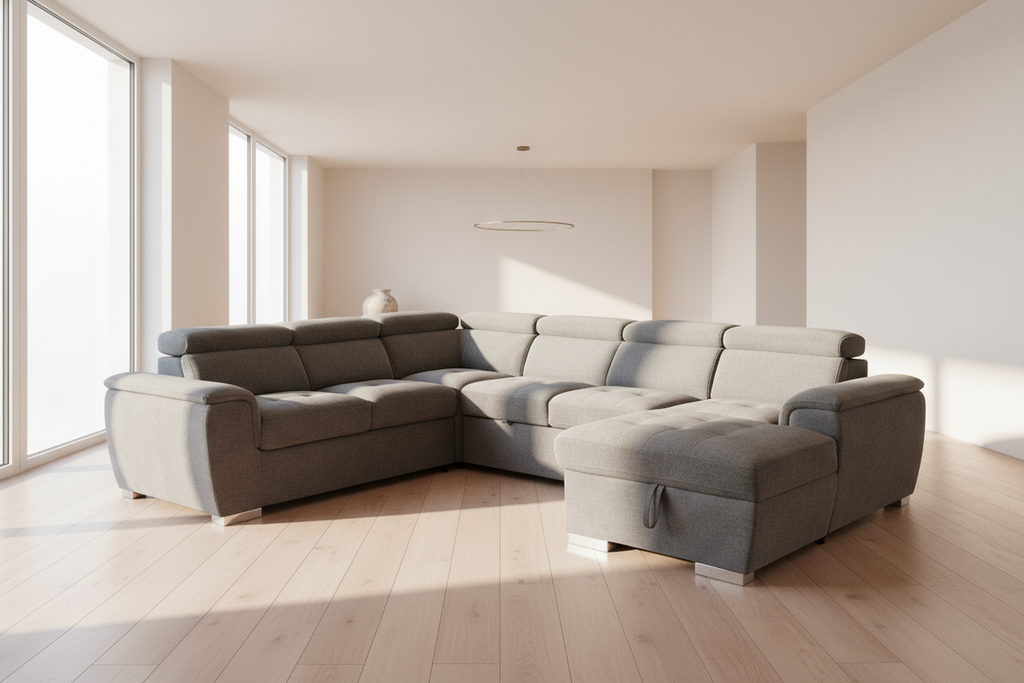 Rio Sectional Sofa Bed with Storage - Light Grey Fabric