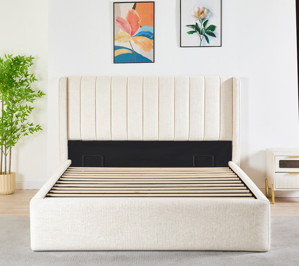 Pluto Hydraulic Storage Bed –  Upholstered with Headboard- Beige
