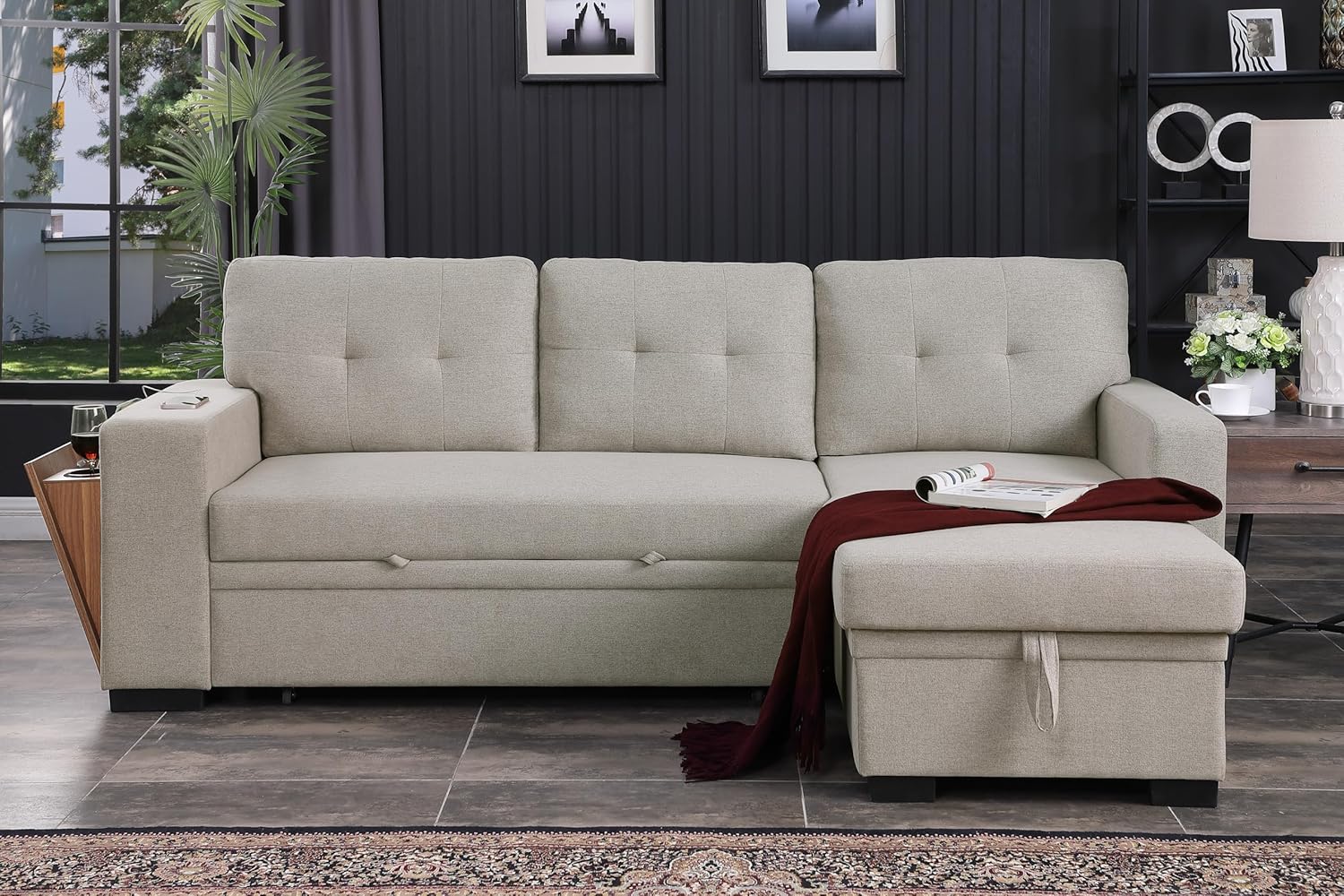 Asper Sectional Sofa Bed  Reversible chaise - Beige