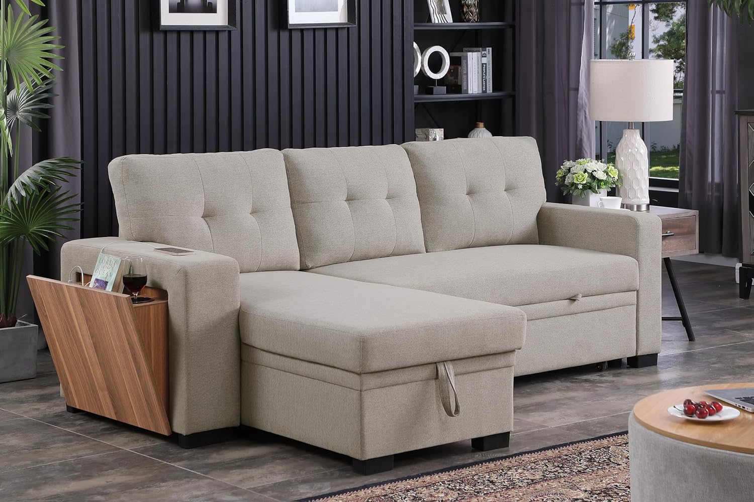 Asper Sectional Sofa Bed  Reversible chaise - Beige
