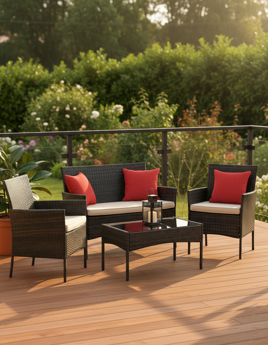 4-Piece Patio Conversation Set – Wicker Outdoor Furniture with Cushions