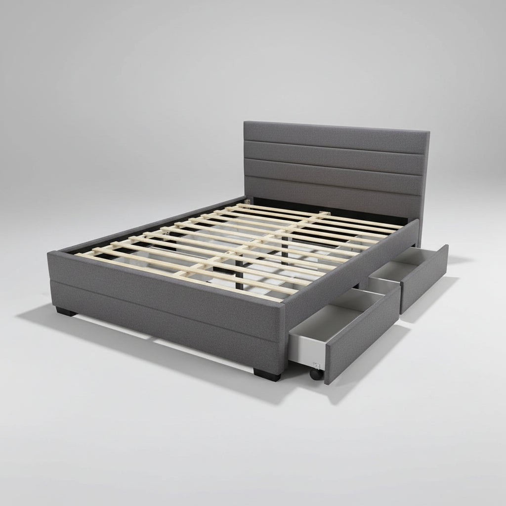 Gray upholstered bed with wooden slats in a warehouse setting