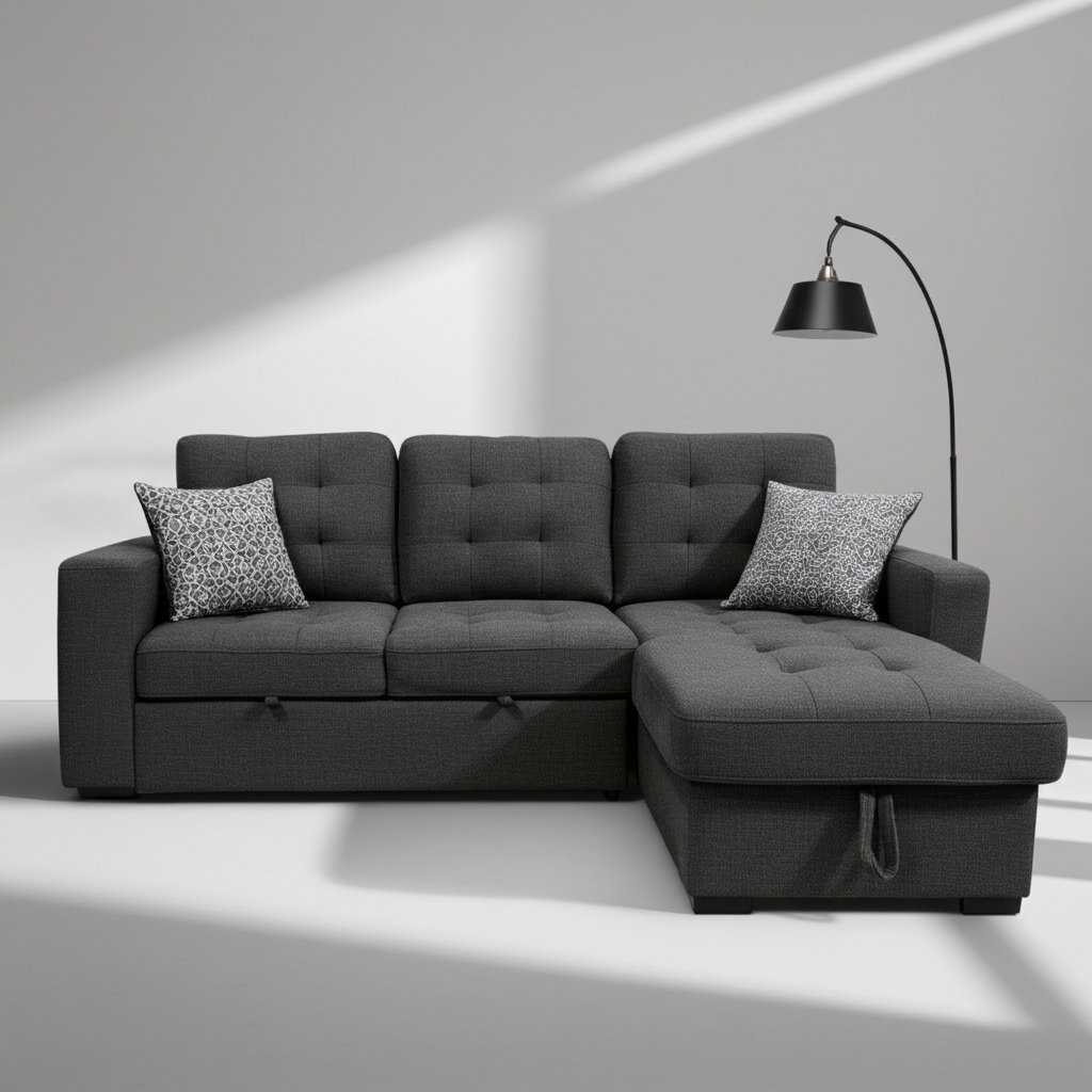 Gray sectional sofa with patterned cushions in a minimalistic room.