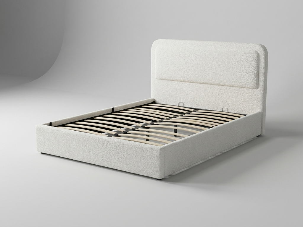 Savannah Queen Hydraulic Storage Lift-Up Bed - White Boucle