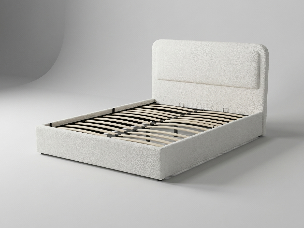 Savannah Queen Hydraulic Storage Lift-Up Bed - White Boucle