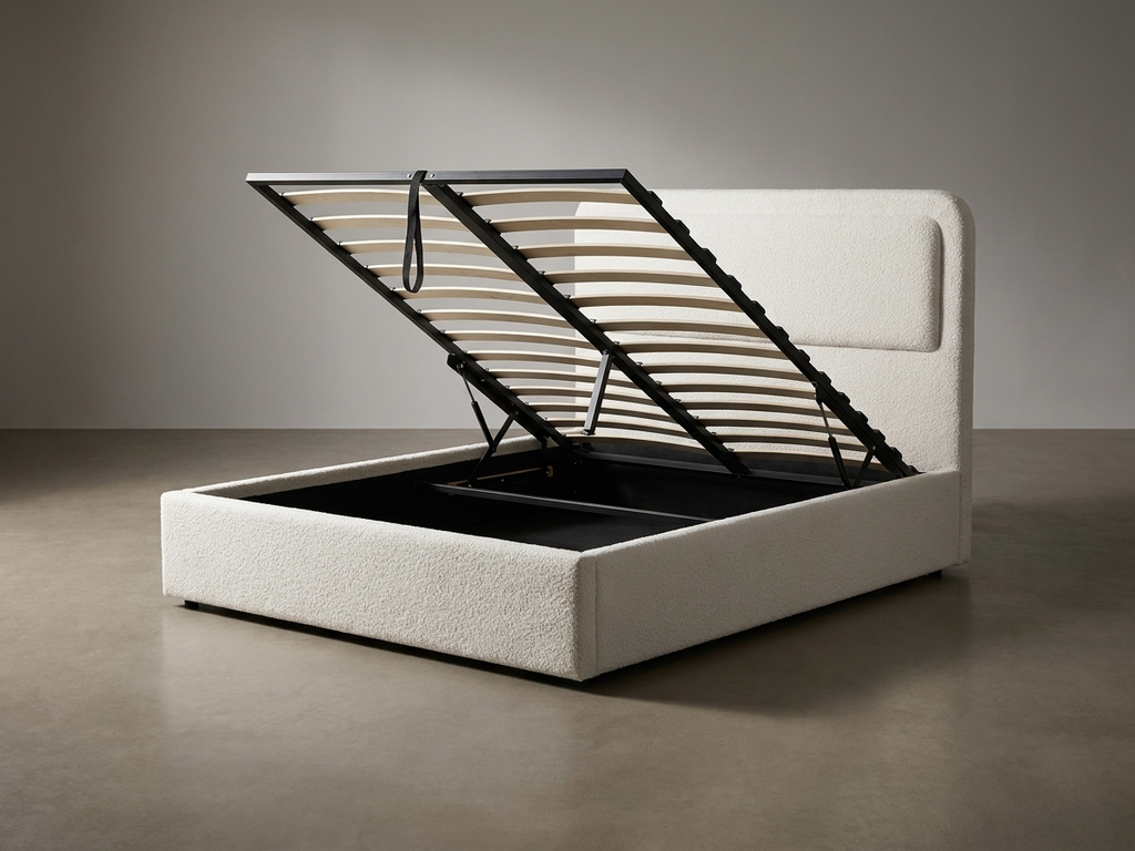 Savannah Queen Hydraulic Storage Lift-Up Bed - White Boucle