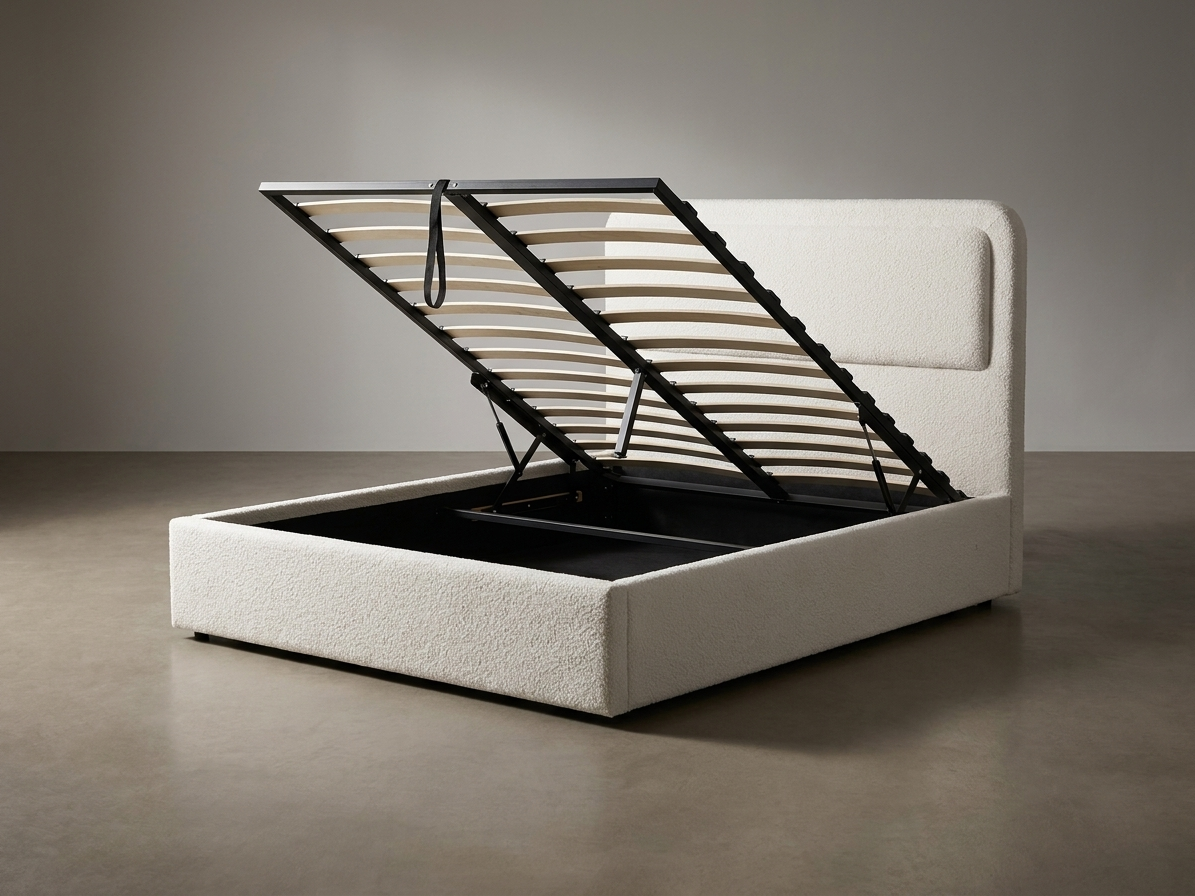 Savannah Queen Hydraulic Storage Lift-Up Bed - White Boucle