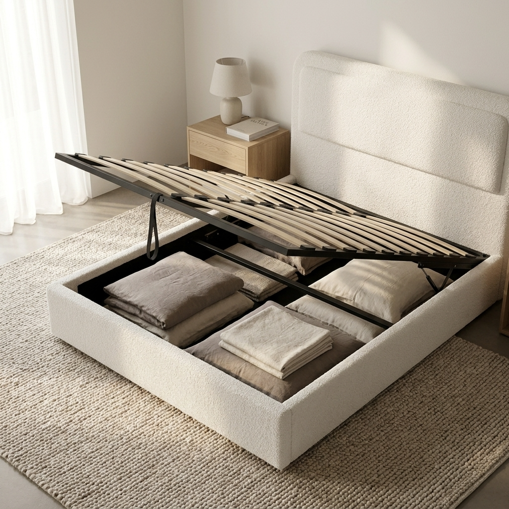 Savannah Queen Hydraulic Storage Lift-Up Bed - White Boucle