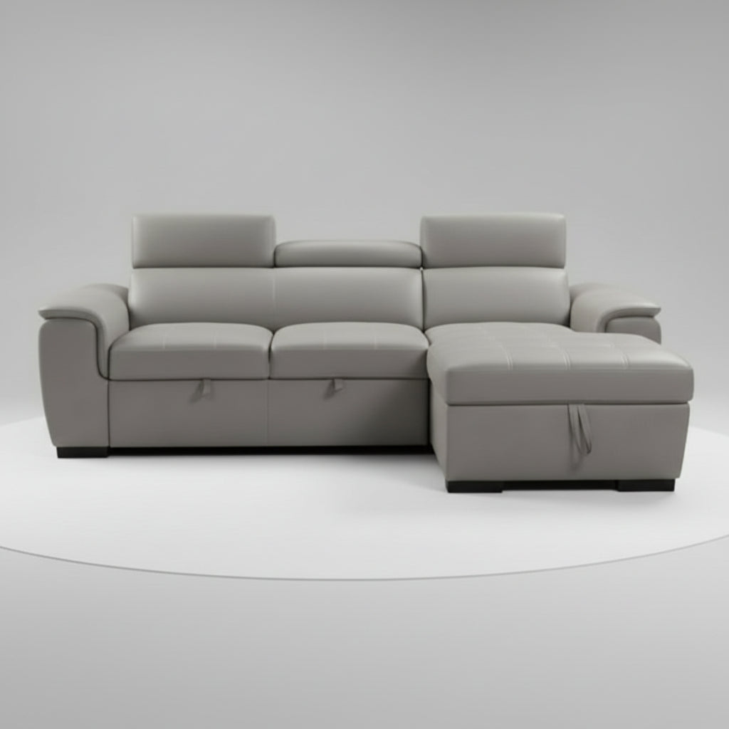Gray sectional sofa with storage on a wooden floor, bookshelf in the background