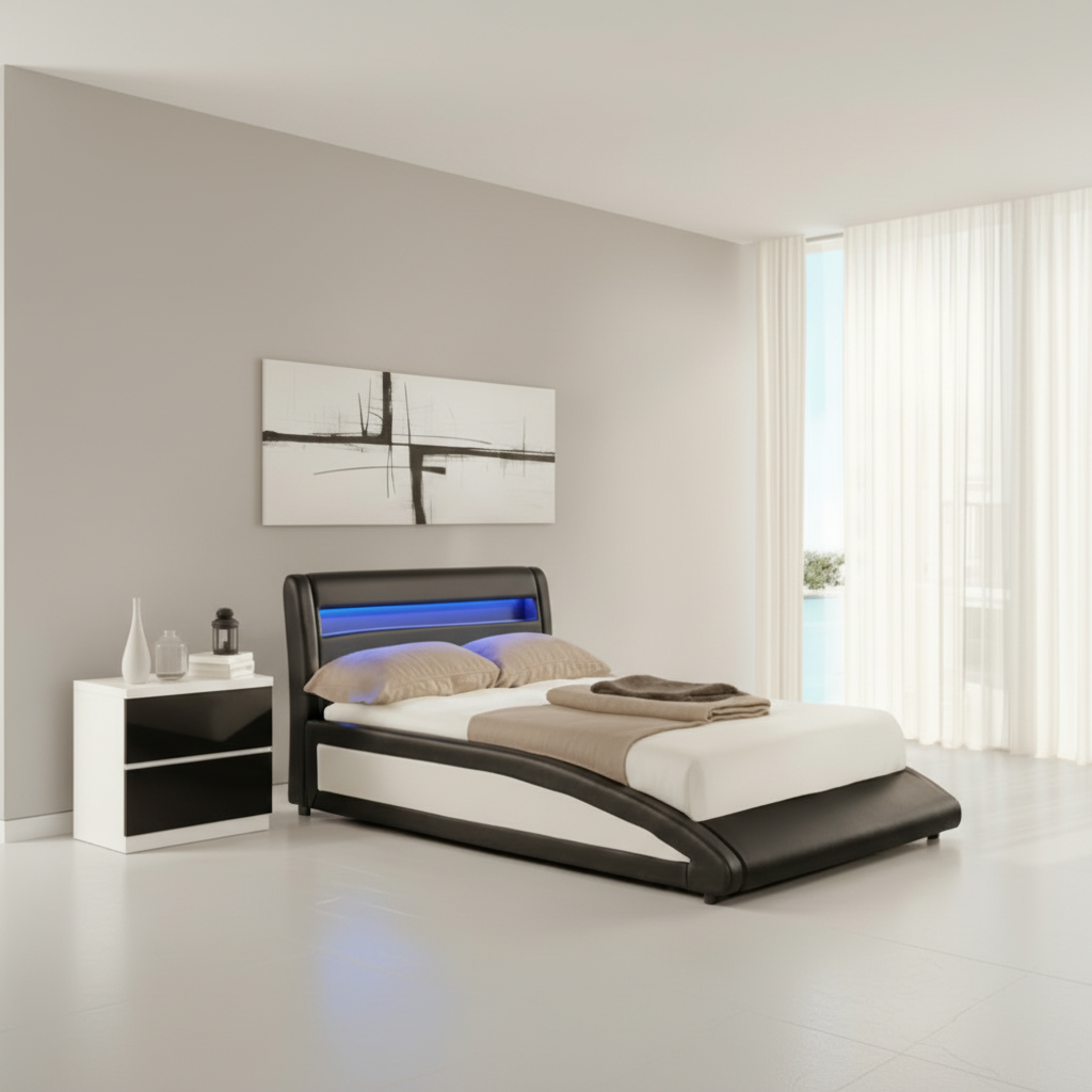 Luminous Edge LED Bed Frame – Modern Leather Bed with Ambient Headboard Lighting - Black / White