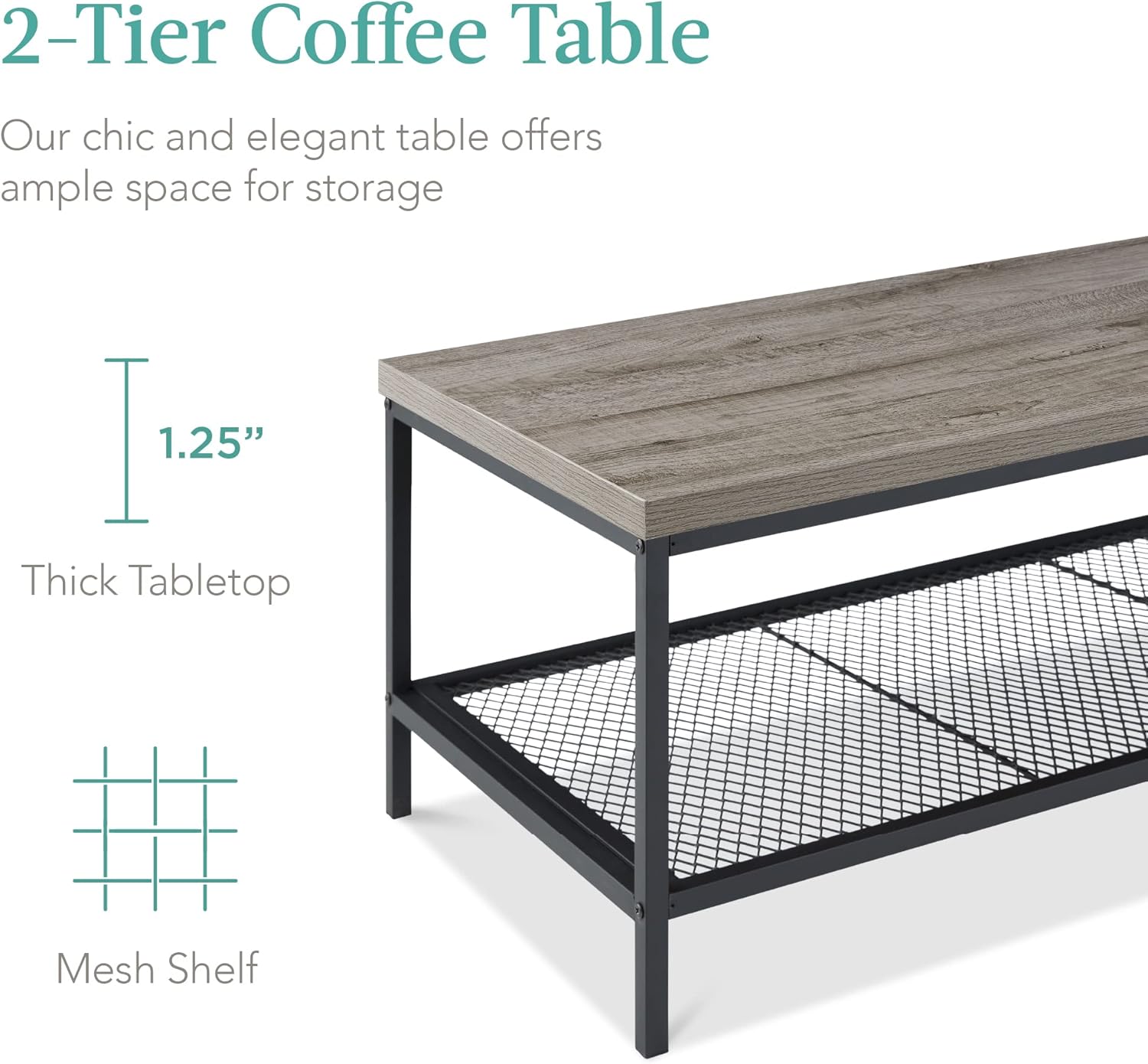 STACY Industrial Coffee Table with Metal Mesh Shelf – Weathered Slate Grey