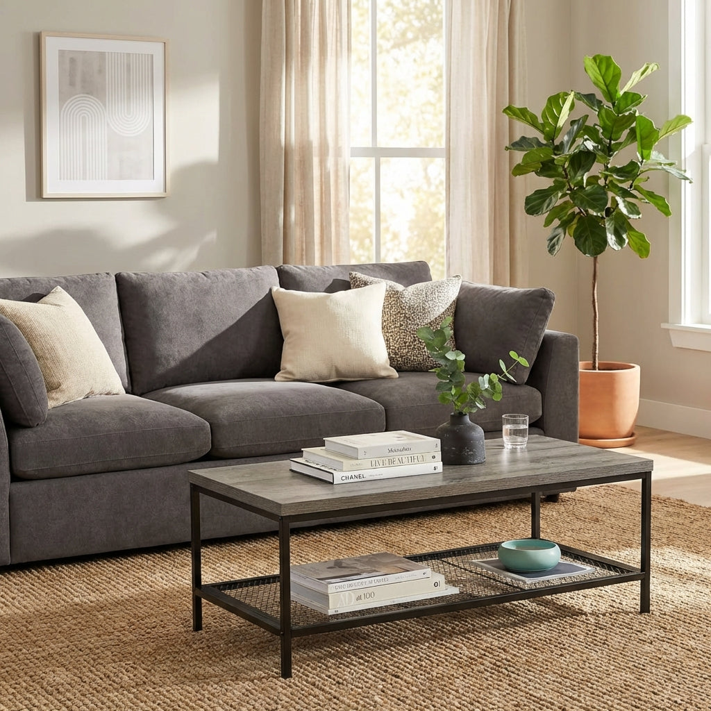 STACY Industrial Coffee Table with Metal Mesh Shelf – Weathered Slate Grey