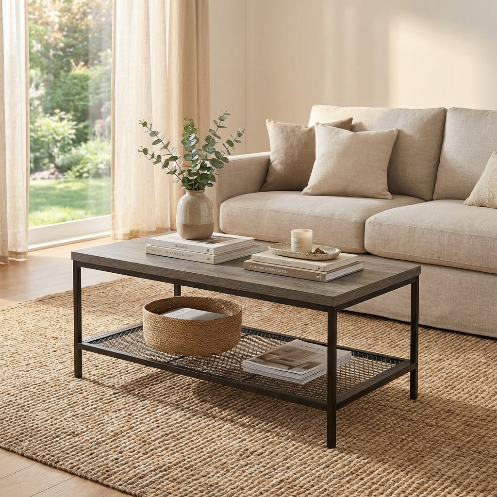 STACY Industrial Coffee Table with Metal Mesh Shelf – Weathered Slate Grey