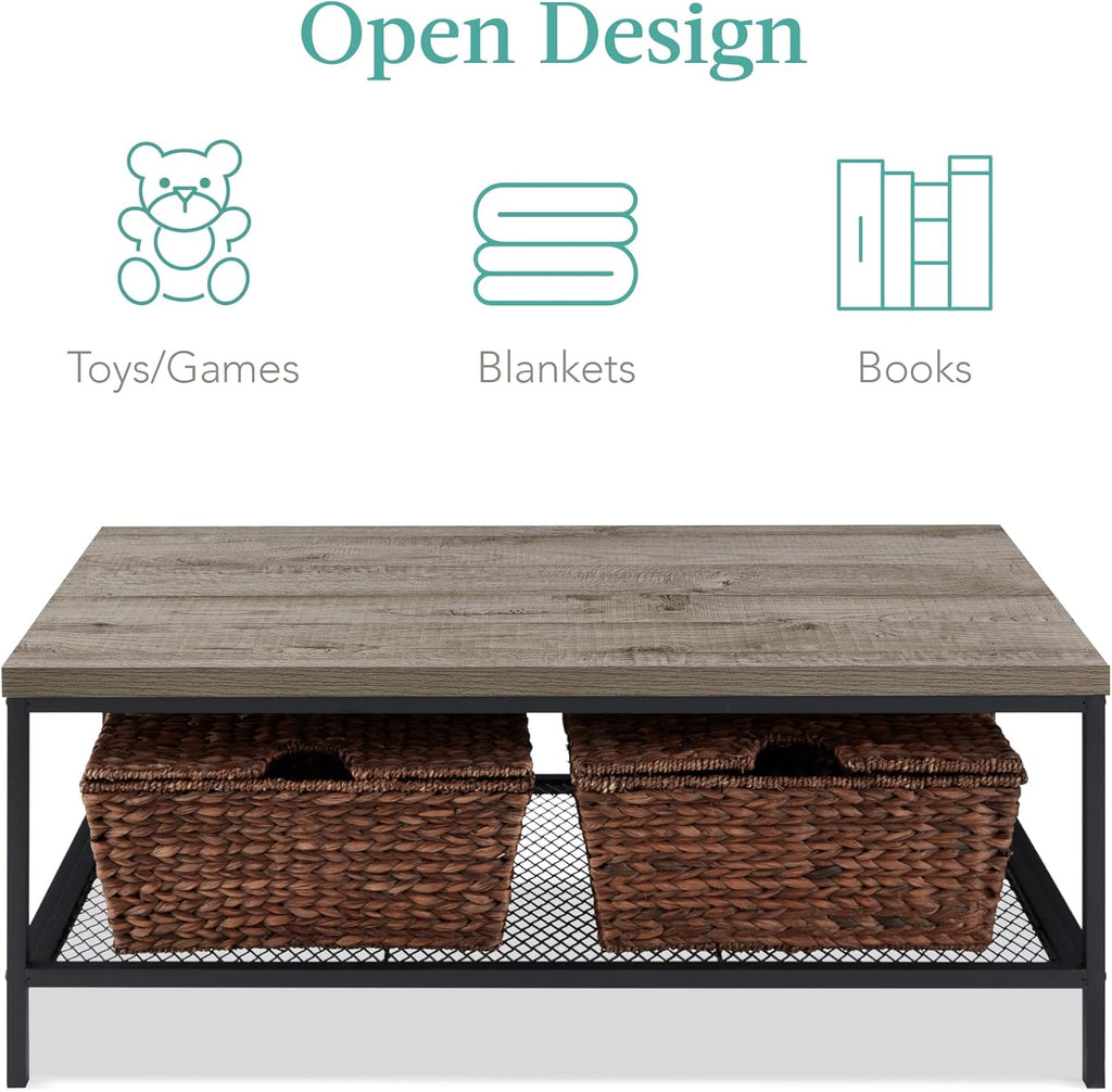 STACY Industrial Coffee Table with Metal Mesh Shelf – Weathered Slate Grey