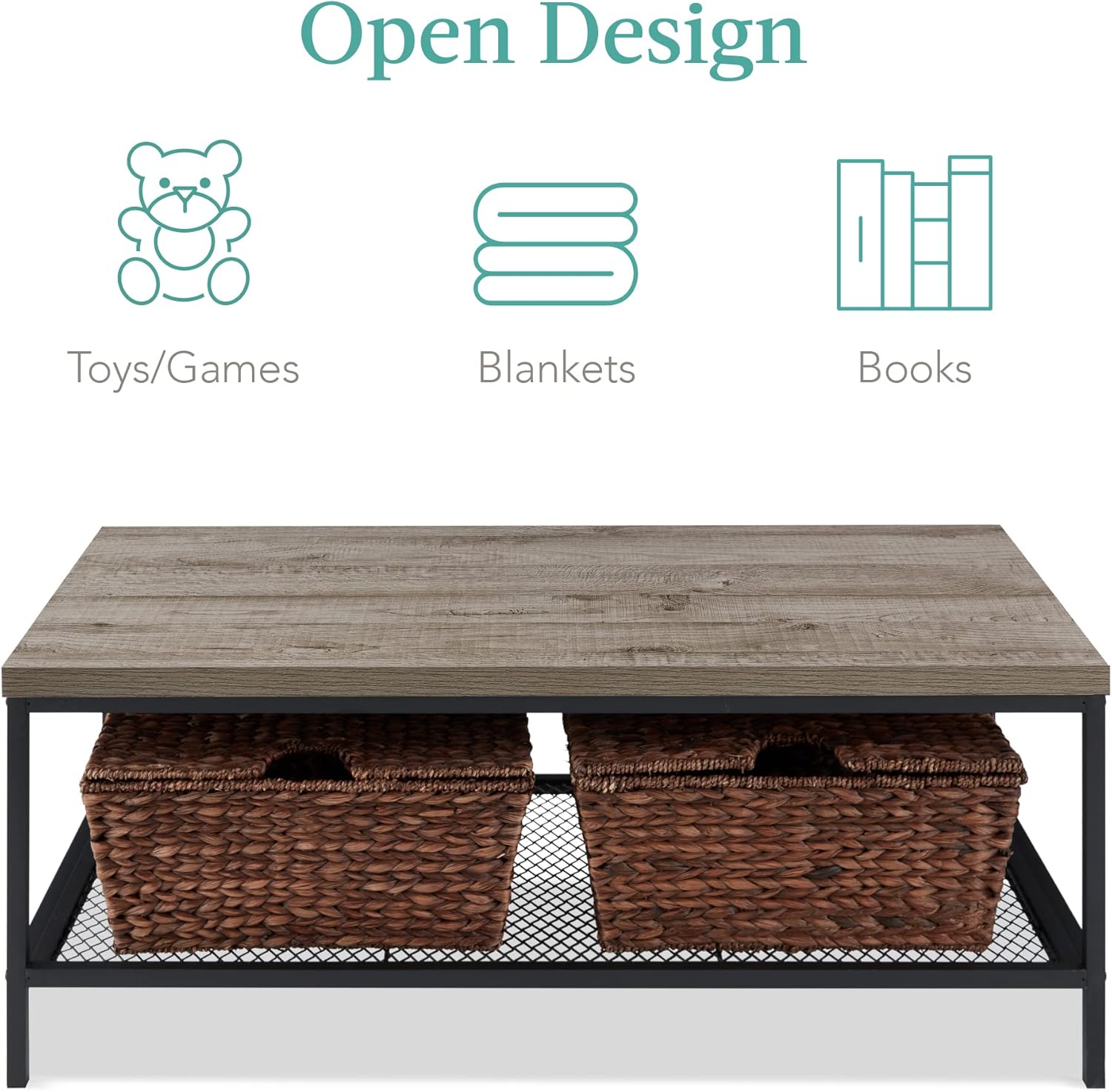 STACY Industrial Coffee Table with Metal Mesh Shelf – Weathered Slate Grey