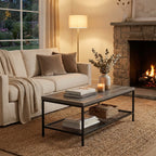 STACY Industrial Coffee Table with Metal Mesh Shelf – Weathered Slate Grey