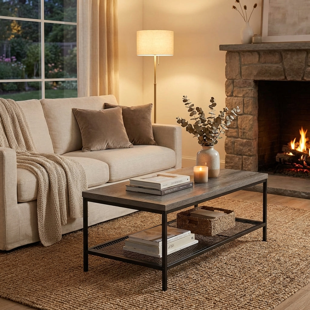 STACY Industrial Coffee Table with Metal Mesh Shelf – Weathered Slate Grey