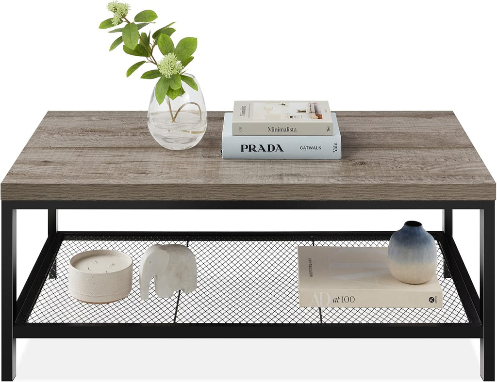 STACY Industrial Coffee Table with Metal Mesh Shelf – Weathered Slate Grey