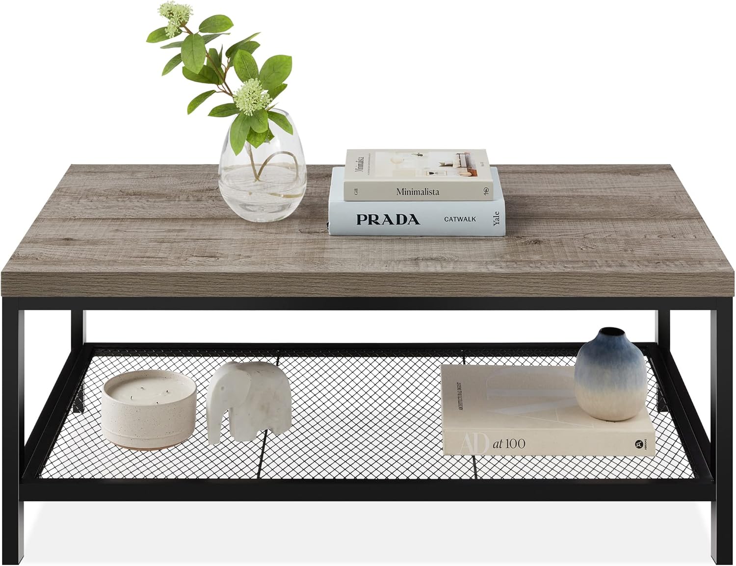 STACY Industrial Coffee Table with Metal Mesh Shelf – Weathered Slate Grey