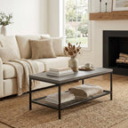 STACY Industrial Coffee Table with Metal Mesh Shelf – Weathered Slate Grey