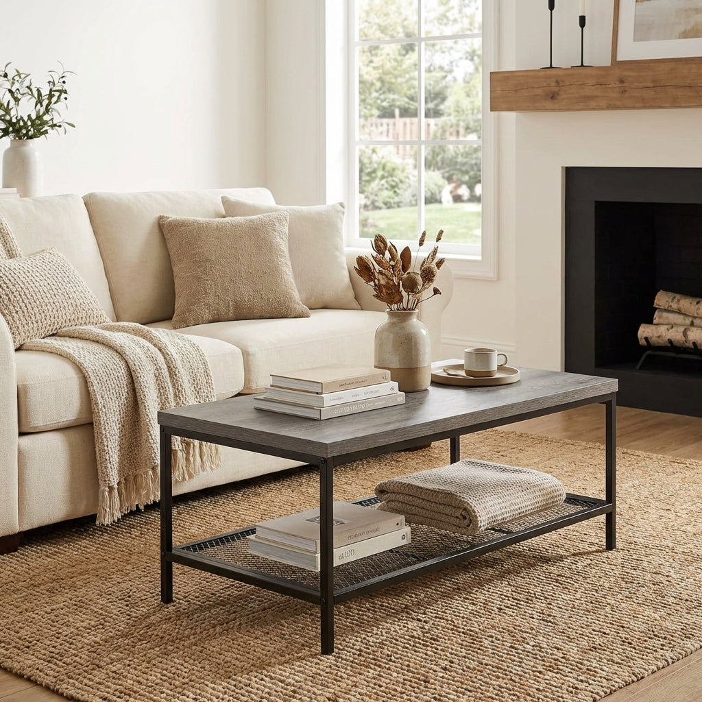 STACY Industrial Coffee Table with Metal Mesh Shelf – Weathered Slate Grey