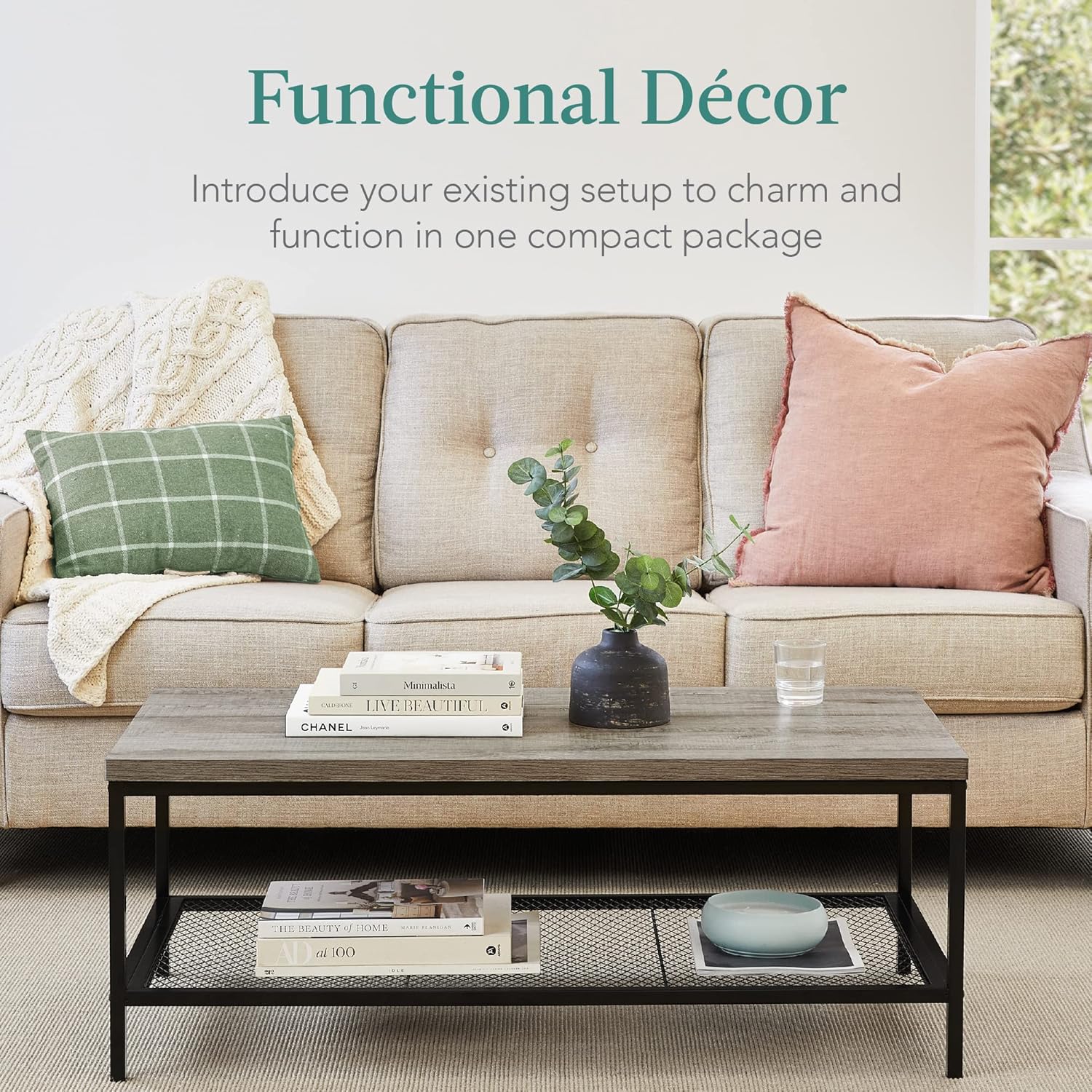 STACY Industrial Coffee Table with Metal Mesh Shelf – Weathered Slate Grey