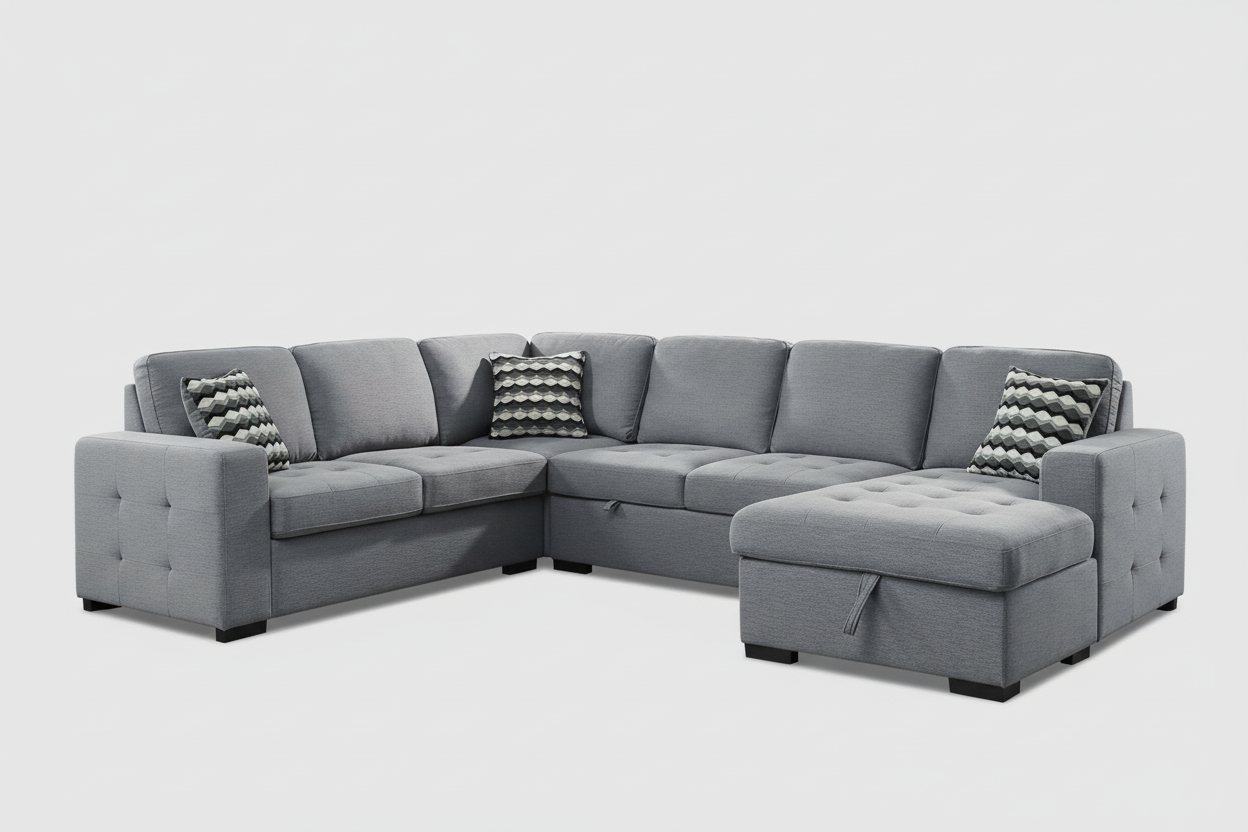Gray sectional sofa in a living room with large windows and a rug.