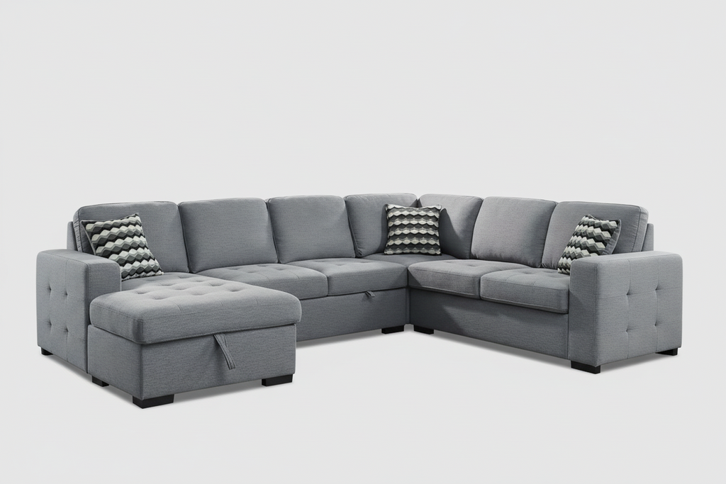 Taylor 6-Seater Sectional Sofa with Dual Pullout Beds and Storage – Light Grey