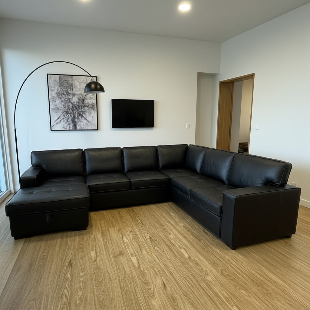 Modern living room with a black leather sectional sofa, wall-mounted TV, and decorative lamp.