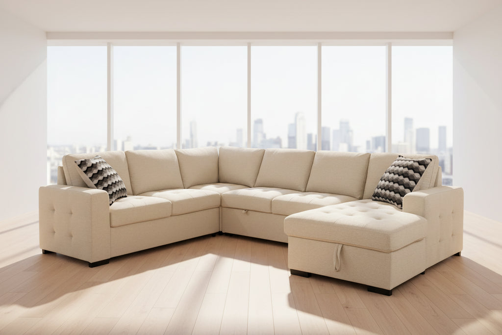 泰勒六座转角沙发，带拉出式床和储物空间 - 米色