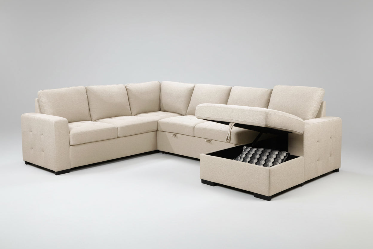 泰勒六座转角沙发，带拉出式床和储物空间 - 米色