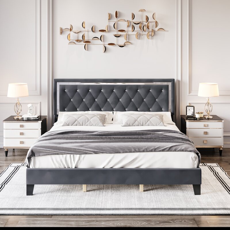 Nairobi Grey Velvet Fabric Bed Frame – Elegant Contemporary Platform Bed