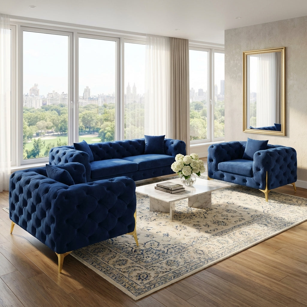 Modern living room with blue velvet sofa set and large windows.