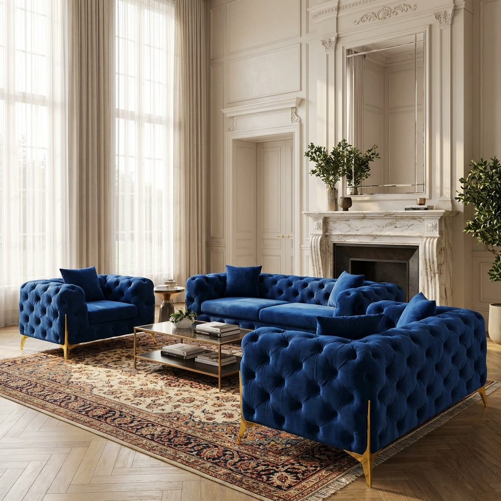 Luxurious living room with a blue tufted sofa and matching armchair.