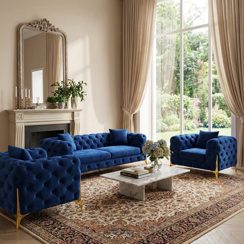 Royal Sapphire Turkish-Style Chesterfield Set - Navy Blue Velvet