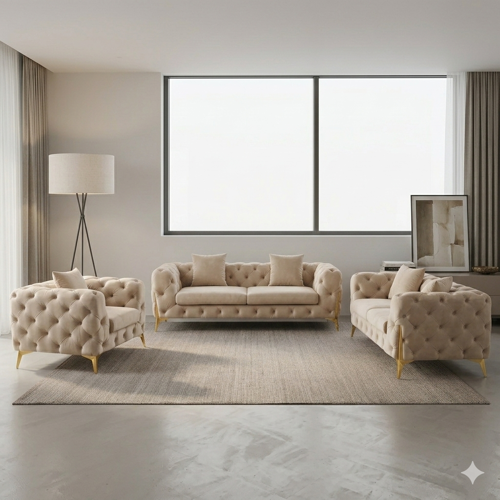 Royal Sapphire Turkish-Style Chesterfield Set -Champagne Cream