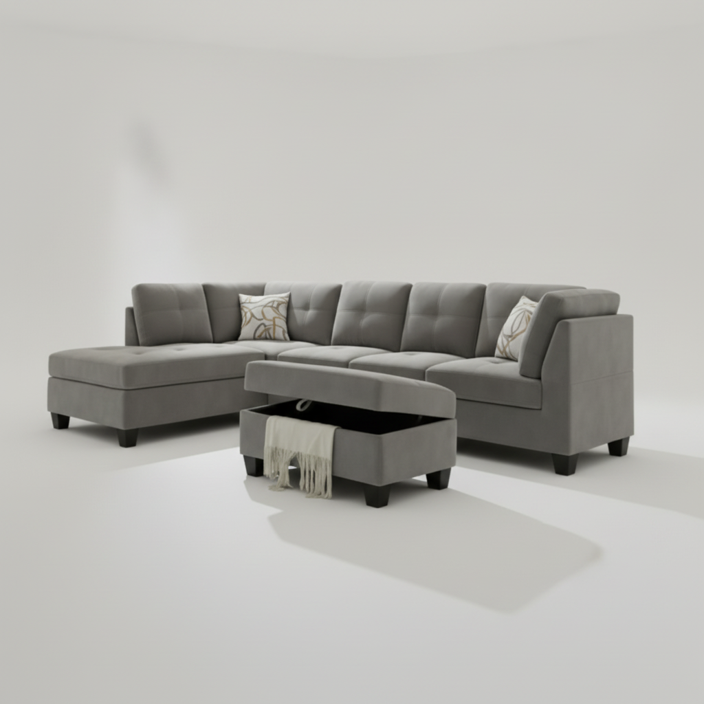 Venice Reversible Sectional Sofa with Storage Ottoman – Light Velvet Grey