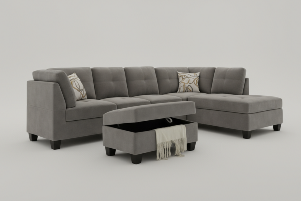 Venice Reversible Sectional Sofa with Storage Ottoman – Light Velvet Grey